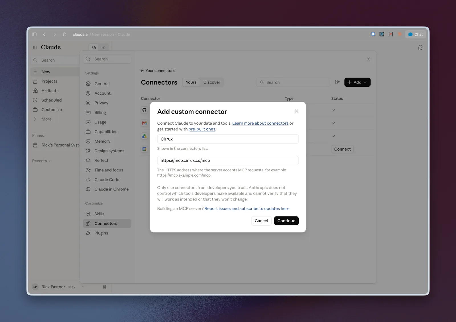The Add custom connector dialog in Claude with Cirrux as the name and the Cirrux MCP URL