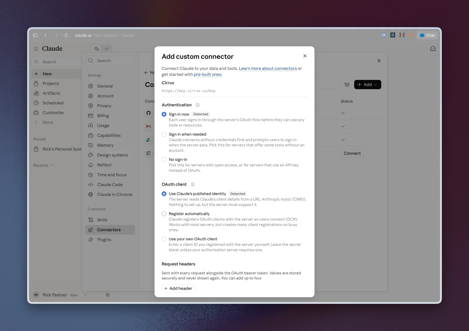 Authentication options for the cirrux.infonnector in Claude, with Sign in now and Use Claude’s published identity selected