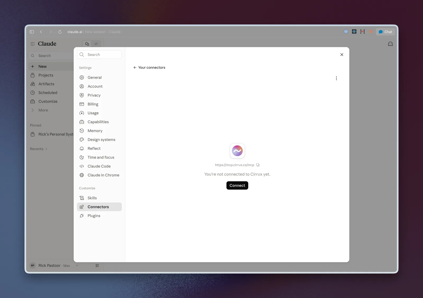 The cirrux.infonnector page in Claude saying you are not connected to Cirrux yet, with a Connect button