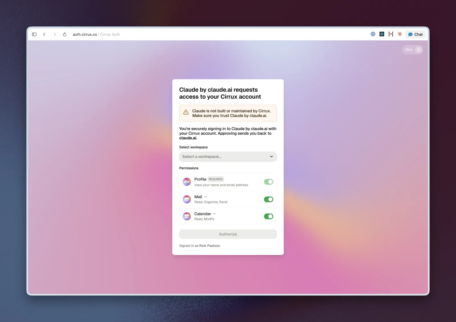 The Cirrux sign-in page asking to approve access for Claude by claude.ai, with a workspace picker and Mail and Calendar permissions