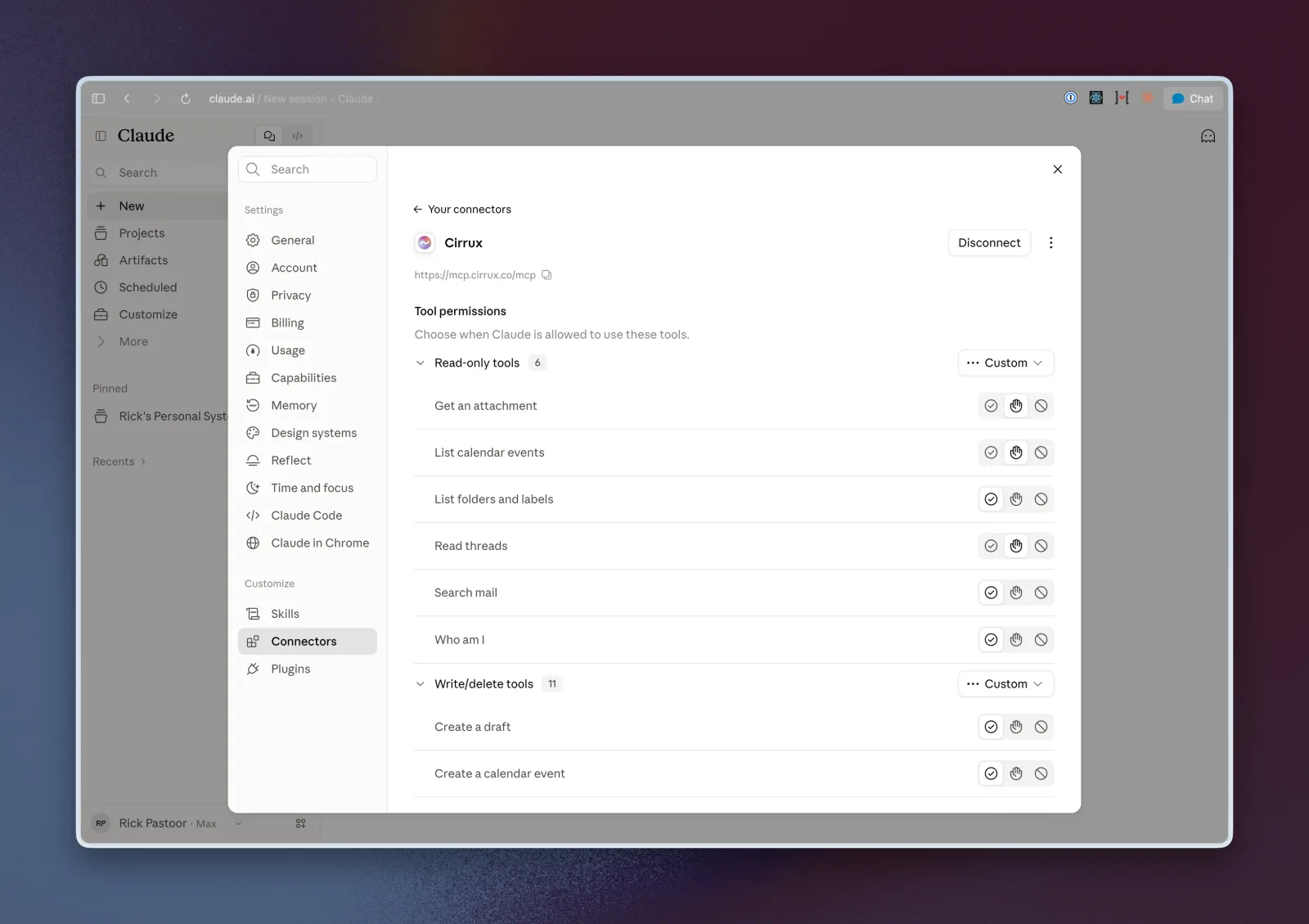 The connected cirrux.infonnector in Claude, with tool permissions for read-only tools and write and delete tools
