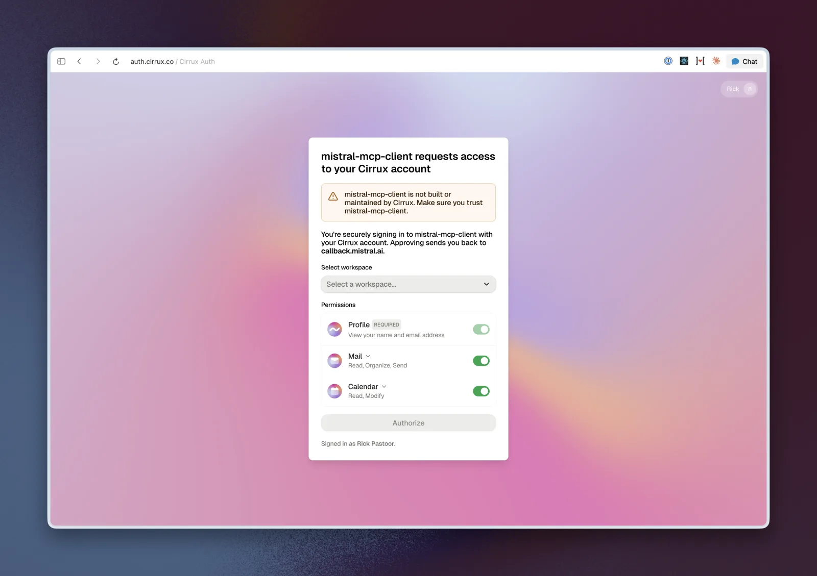 The Cirrux sign-in page asking to approve access for mistral-mcp-client, with a workspace picker and Mail and Calendar permissions