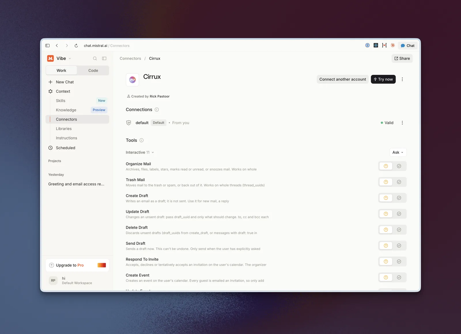 The cirrux.infonnector in Mistral Vibe with a valid connection and its list of tools, each set to Ask